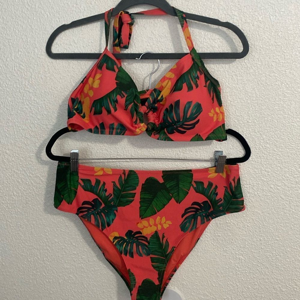Cupshe Coral Tropical Leaf High Waist Bikini Set